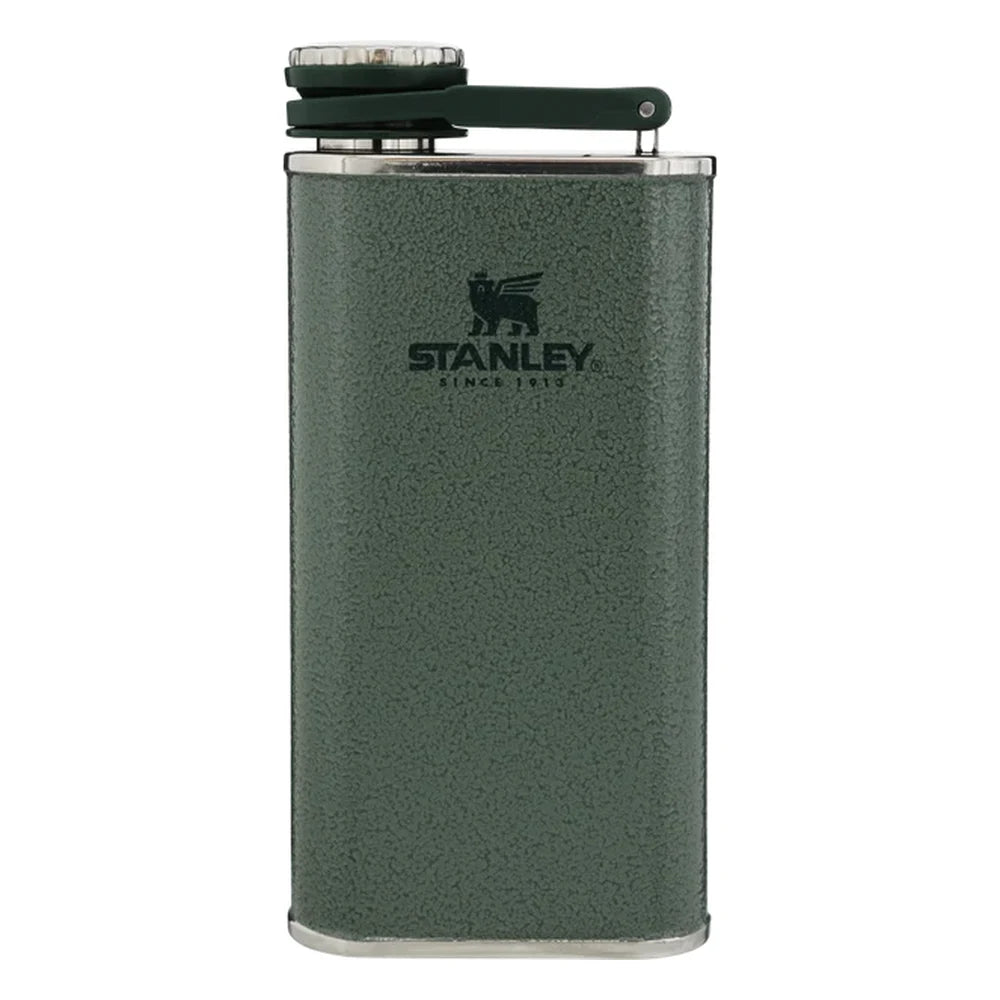 Stanley Classic Easy Fill Wide Mouth Flask 8oz in Hammertone Green straight-on front hero view on white background showing hammertone green enamel body, closed connected cap with green bail hinge, stainless steel rim, and Stanley Since 1913 logo with bear icon
