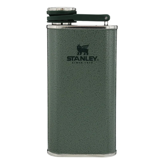 Stanley Classic Easy Fill Wide Mouth Flask 8oz in Hammertone Green straight-on front hero view on white background showing hammertone green enamel body, closed connected cap with green bail hinge, stainless steel rim, and Stanley Since 1913 logo with bear icon