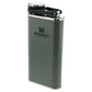Stanley Classic Hip Flask 8 OZ in Hammertone Green, angled front view with the hinged cap closed