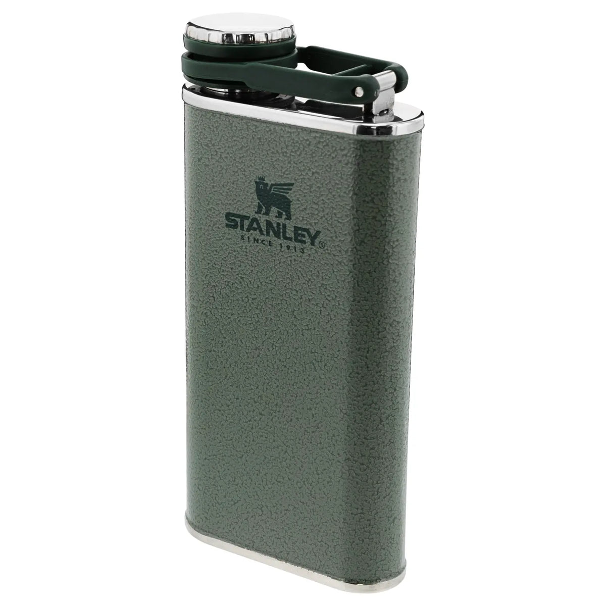 Stanley Classic Hip Flask 8 OZ in Hammertone Green, angled front view with the hinged cap closed