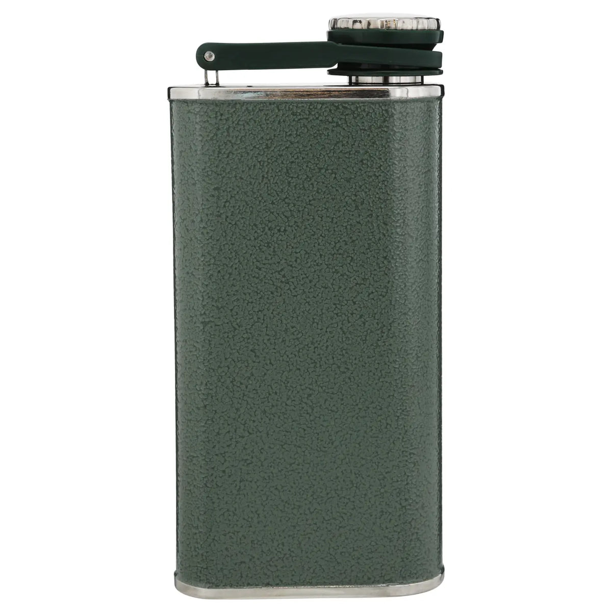 Stanley Classic Hip Flask 8 OZ in Hammertone Green, plain back view with hinged cap closed