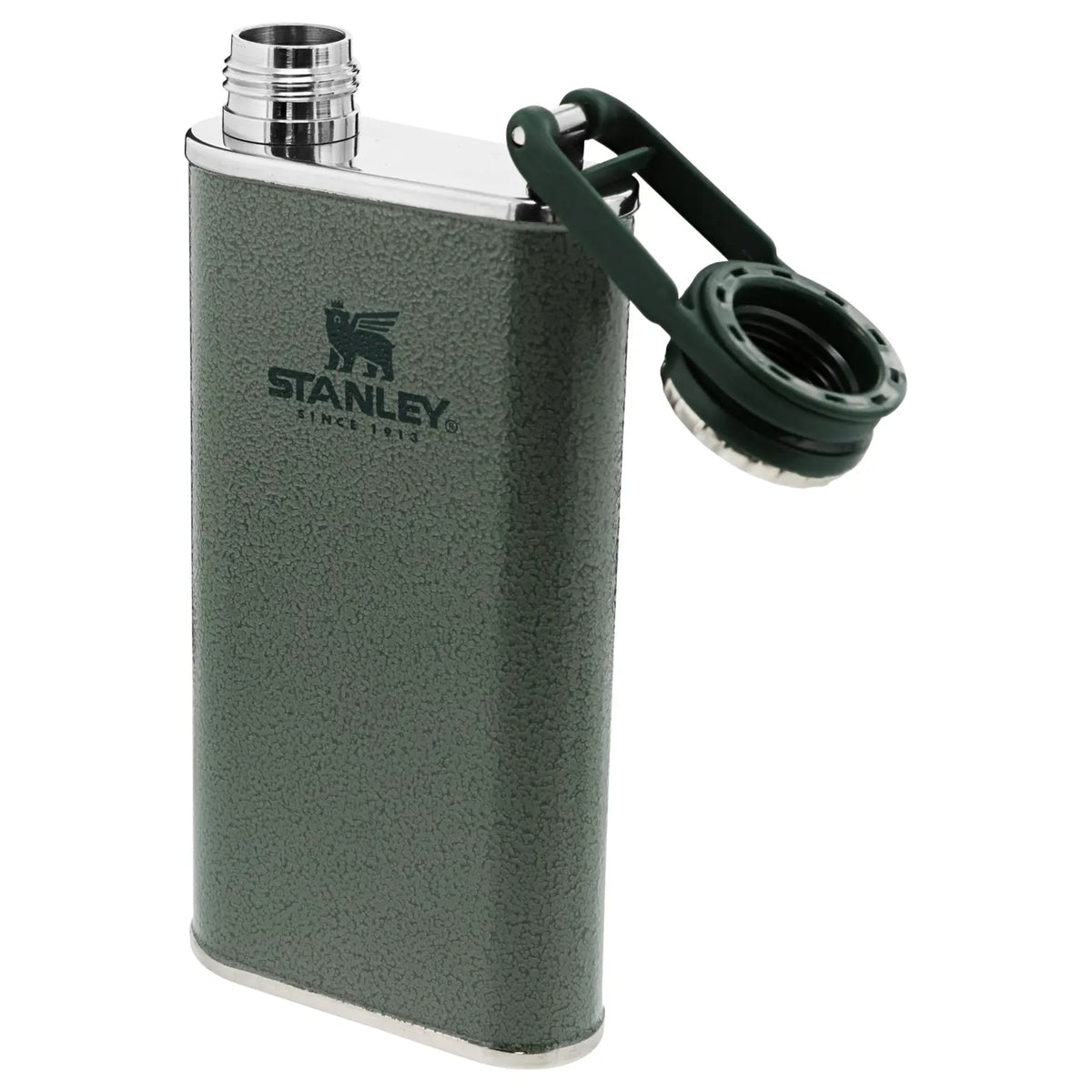 Stanley Classic Hip Flask 8 OZ in Hammertone Green, hinged cap open to show the steel opening