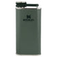 Stanley Classic Hip Flask 8 OZ in Hammertone Green, front view with hinged cap and Stanley logo