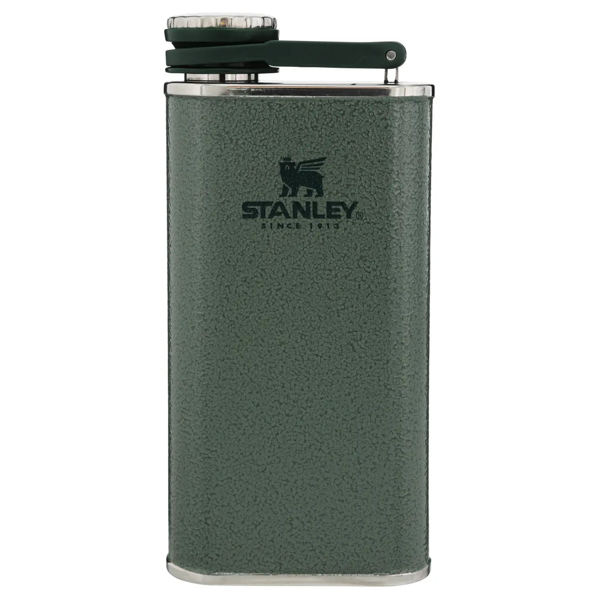 Stanley Classic Hip Flask 8 OZ in Hammertone Green, front view with hinged cap and Stanley logo