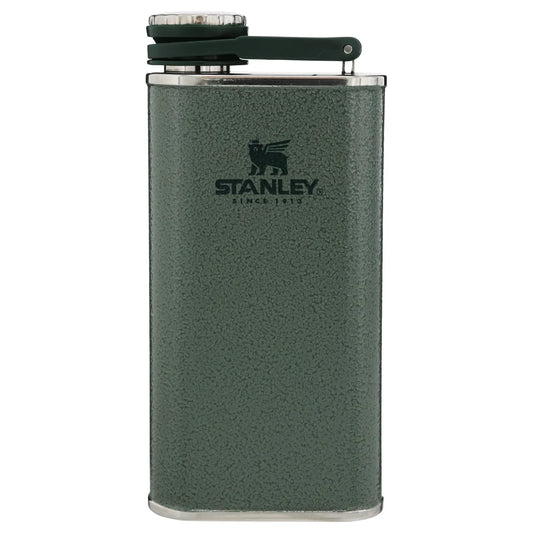Stanley Classic Hip Flask 8 OZ in Hammertone Green, front view with hinged cap and Stanley logo