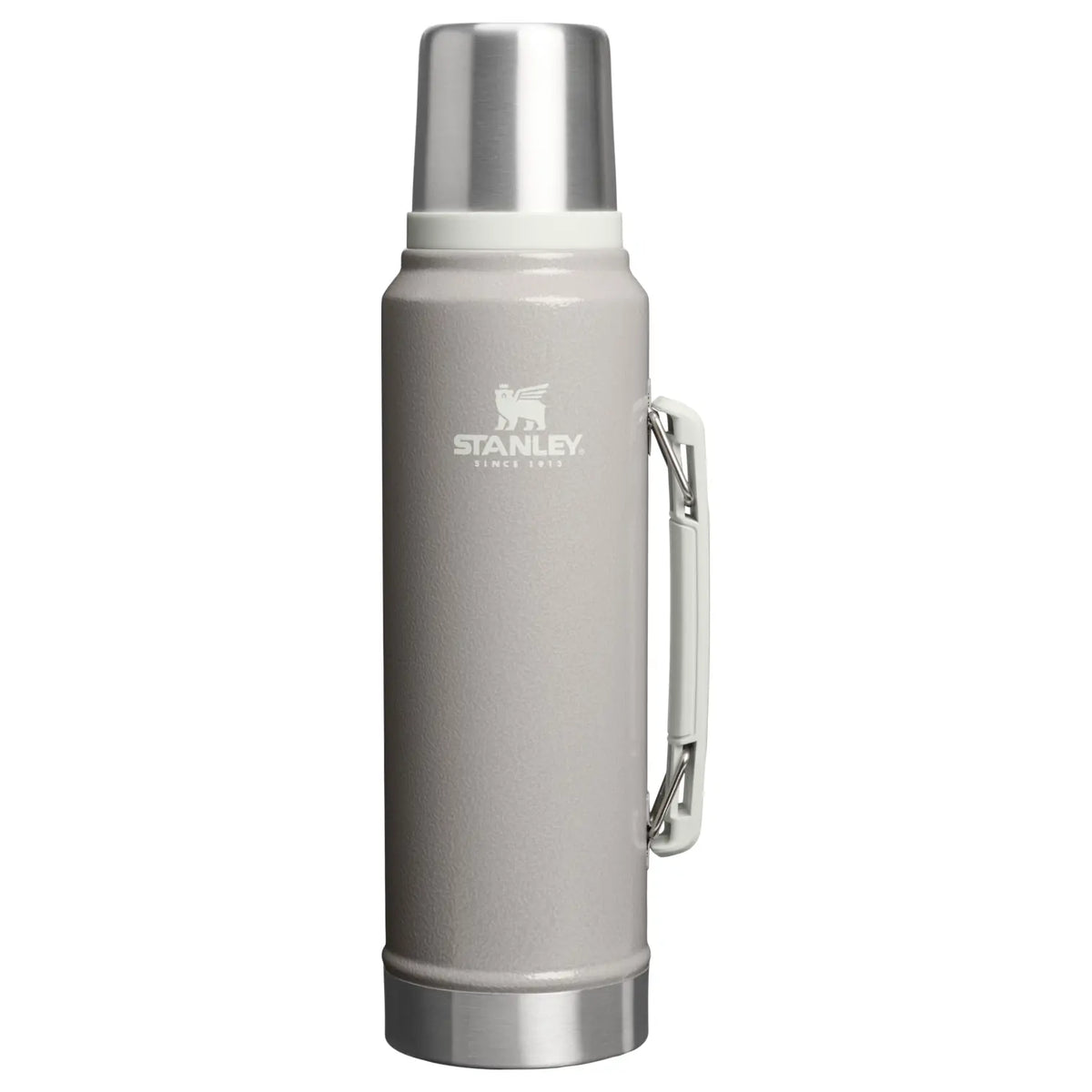 Stanley Classic Legendary Bottle 1.1 QT in Hammertone Ash, front view with carry handle and Stanley logo