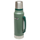 Stanley Classic Legendary Bottle 1.1 QT in Hammertone Green, angled view showing the steel cap and green handle