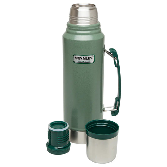 Stanley Classic Legendary Bottle 1.1 QT in Hammertone Green, shown with the stopper and steel cup removed