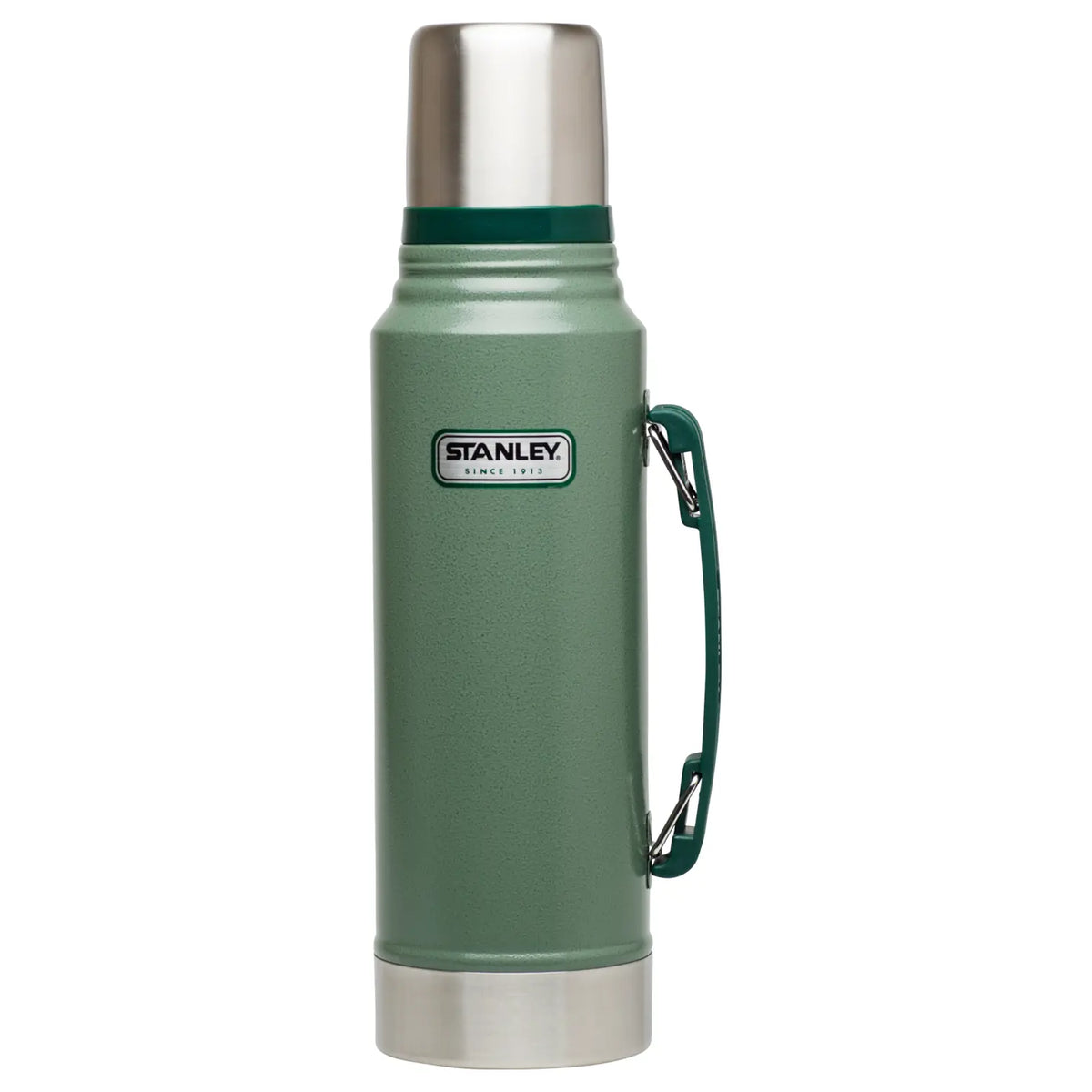 Stanley Classic Legendary Bottle 1.1 QT in Hammertone Green, front view with carry handle and Stanley badge