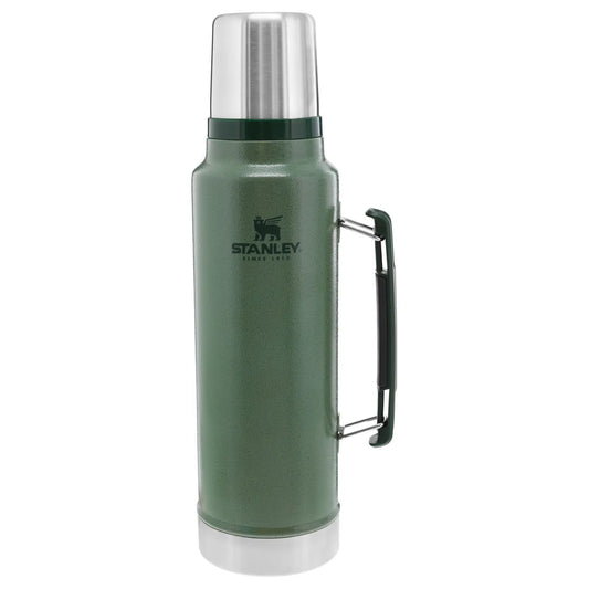 Stanley Classic Legendary Bottle 1.5 QT in Hammertone Green, front view with carry handle and Stanley logo