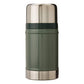 Stanley Classic Legendary Food Jar 24oz in Hammertone Green back view on white background showing hammertone green pebble-textured cylindrical body without logo, large polished stainless steel dome lid, dark green glossy gasket ring at the lid-body junction, and brushed stainless steel base