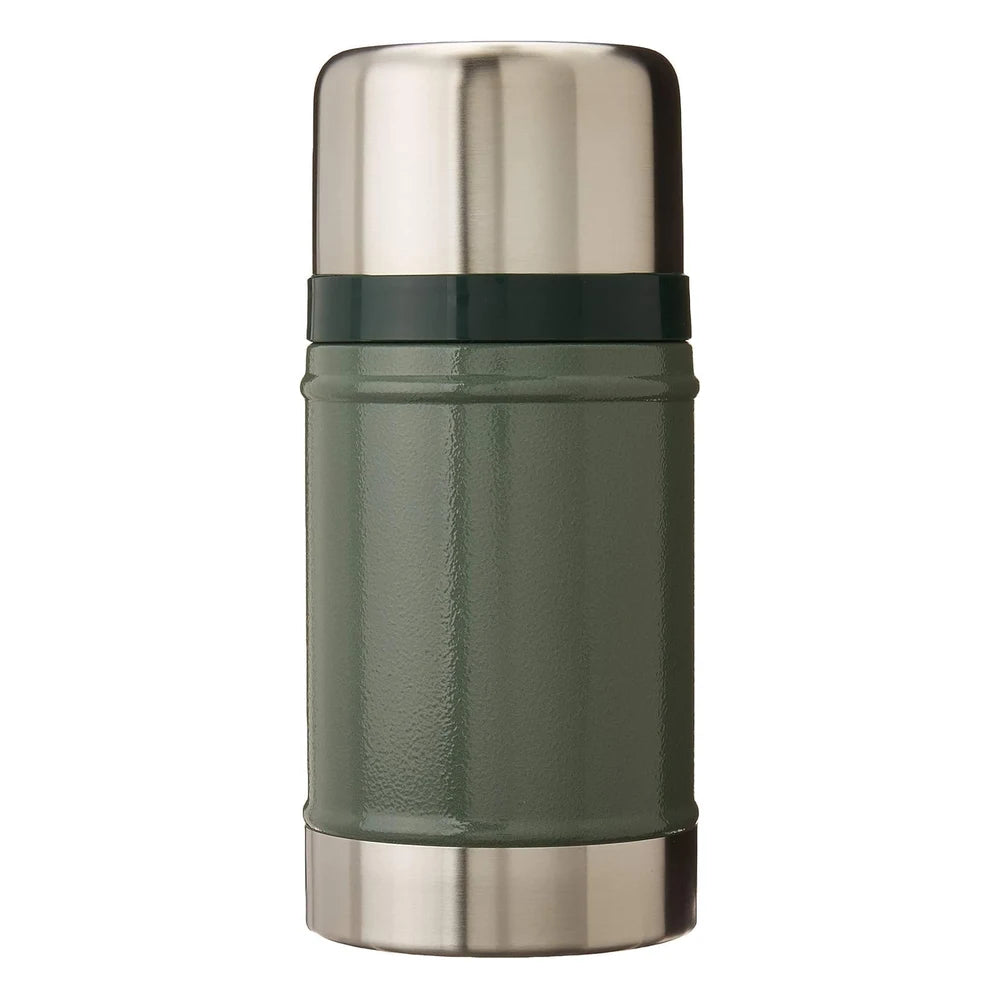 Stanley Classic Legendary Food Jar 24oz in Hammertone Green back view on white background showing hammertone green pebble-textured cylindrical body without logo, large polished stainless steel dome lid, dark green glossy gasket ring at the lid-body junction, and brushed stainless steel base