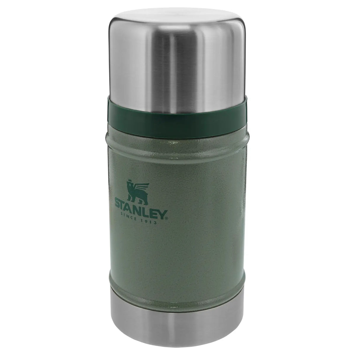 Stanley Classic Legendary Food Jar 24 OZ in Hammertone Green, angled front view with stainless steel cap and base