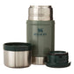 Stanley Classic Legendary Food Jar 24oz in Hammertone Green exploded view on white background showing all components separated: polished stainless steel dome outer lid at top center, stainless steel inner bowl lid to the lower left, dark green ridged screw-top inner stopper to the lower right, and the open hammertone green textured body with Stanley Since 1913 winged bear logo in the center