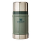 Stanley Classic Legendary Food Jar 24oz in Cream front hero on white background showing hammertone green cylindrical body with Stanley Since 1913 winged bear logo, large polished stainless steel dome lid, tan beige rubber gasket ring at the lid-body junction, and brushed stainless steel base