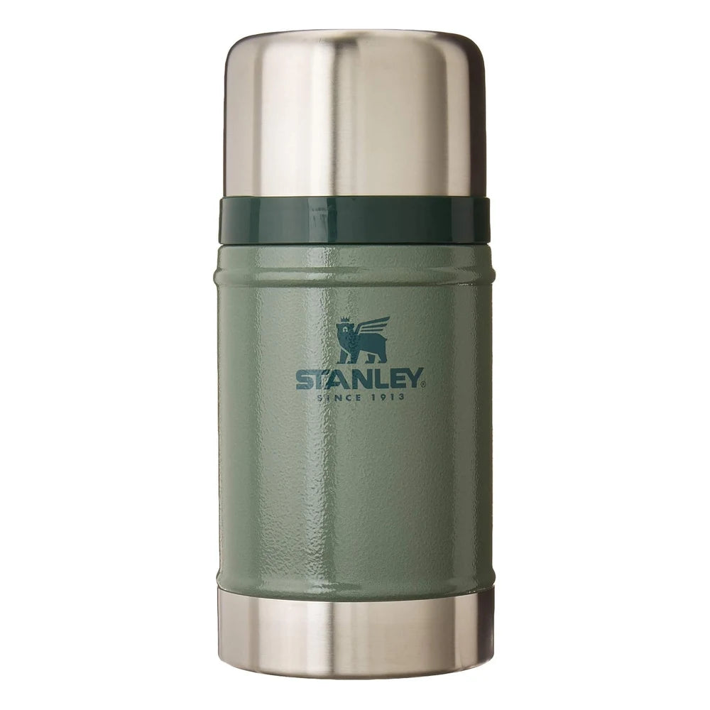 Stanley Classic Legendary Food Jar 24oz in Cream front hero on white background showing hammertone green cylindrical body with Stanley Since 1913 winged bear logo, large polished stainless steel dome lid, tan beige rubber gasket ring at the lid-body junction, and brushed stainless steel base