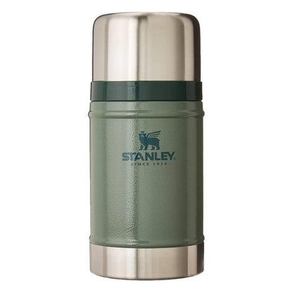 Stanley Classic Legendary Food Jar 24oz in Cream front hero on white background showing hammertone green cylindrical body with Stanley Since 1913 winged bear logo, large polished stainless steel dome lid, tan beige rubber gasket ring at the lid-body junction, and brushed stainless steel base