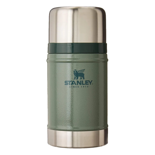 Stanley Classic Legendary Food Jar 24oz in Cream front hero on white background showing hammertone green cylindrical body with Stanley Since 1913 winged bear logo, large polished stainless steel dome lid, tan beige rubber gasket ring at the lid-body junction, and brushed stainless steel base