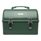 Stanley Classic Lunch Box 10QT in Hammertone Green front hero on white background showing hammertone green metal dome-lid lunch box with ribbed top, green arched carry handle, white oval Stanley badge on the front, and two silver metal latch buckles