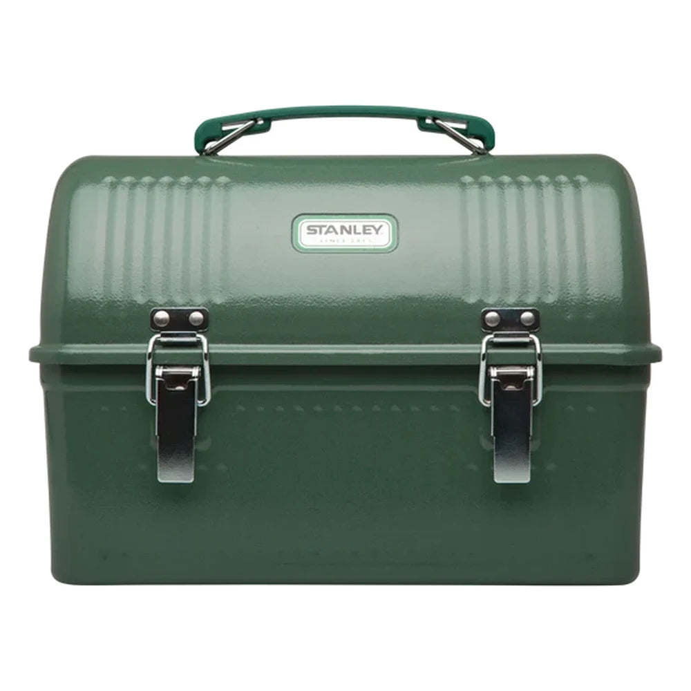 Stanley Classic Lunch Box 10QT in Hammertone Green front hero on white background showing hammertone green metal dome-lid lunch box with ribbed top, green arched carry handle, white oval Stanley badge on the front, and two silver metal latch buckles