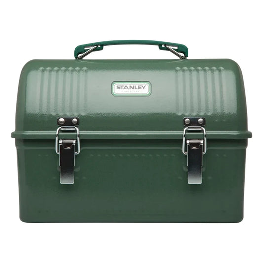 Stanley Classic Lunch Box 10QT in Hammertone Green front hero on white background showing hammertone green metal dome-lid lunch box with ribbed top, green arched carry handle, white oval Stanley badge on the front, and two silver metal latch buckles