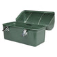 Stanley Classic Lunch Box 10QT in Hammertone Green open interior three-quarter view on white background showing the dome lid propped fully open revealing the hammertone green interior with metal divider rod across the width, and two silver metal latch buckles unlatched on the sides