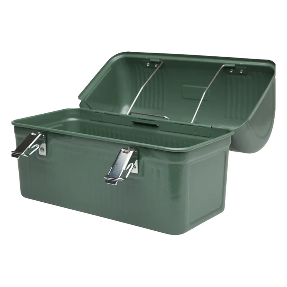 Stanley Classic Lunch Box 10QT in Hammertone Green open interior three-quarter view on white background showing the dome lid propped fully open revealing the hammertone green interior with metal divider rod across the width, and two silver metal latch buckles unlatched on the sides