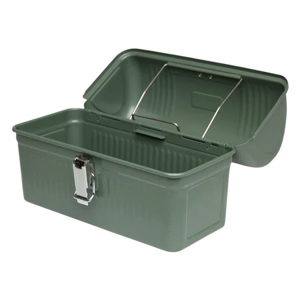 Stanley Classic Lunch Box 5.5QT in Hammertone Green open interior three-quarter view on white background showing the dome lid propped fully open revealing the hammertone green ribbed interior with metal divider rod across the width, and single silver metal latch buckle unlatched on the front