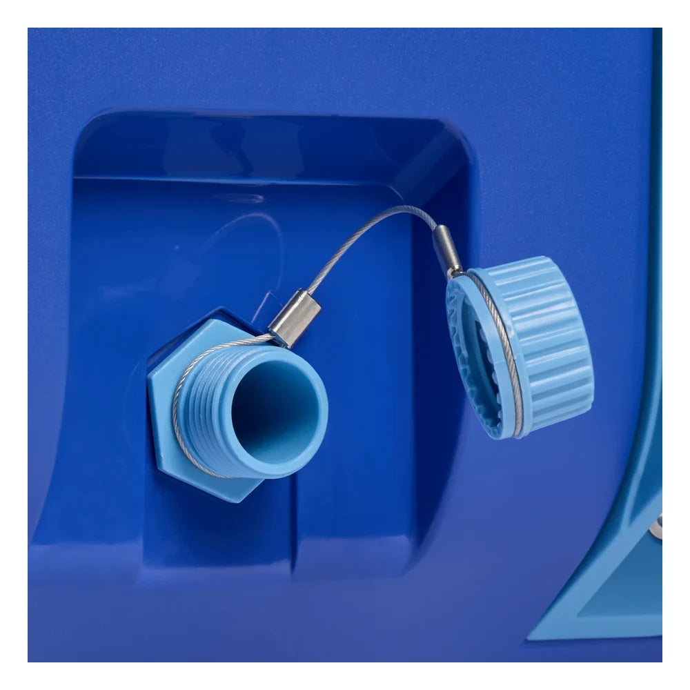 Stanley The Cold For Days Wheeled Outdoor Cooler 50QT in Azure Blue close-up detail on white background showing the drain plug open with threaded sky blue hex drain fitting and ribbed sky blue screw cap swung to the side on its stainless steel cable tether, recessed in the cobalt blue body