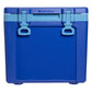 Stanley The Cold For Days Wheeled Outdoor Cooler 50QT in Azure Blue front hero on white background showing cobalt blue body with two sky blue D-ring latch handles and hinged lid, Stanley logo on top of lid, and sky blue lid trim accent