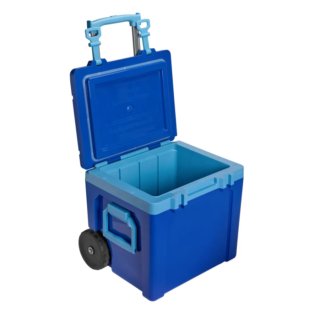 Stanley The Cold For Days Wheeled Outdoor Cooler 50QT in Azure Blue three-quarter open view on white background showing the sky blue interior walls and floor, lid fully hinged open, sky blue telescoping handle extended at the top, and sky blue side handle with single wheel visible at lower left