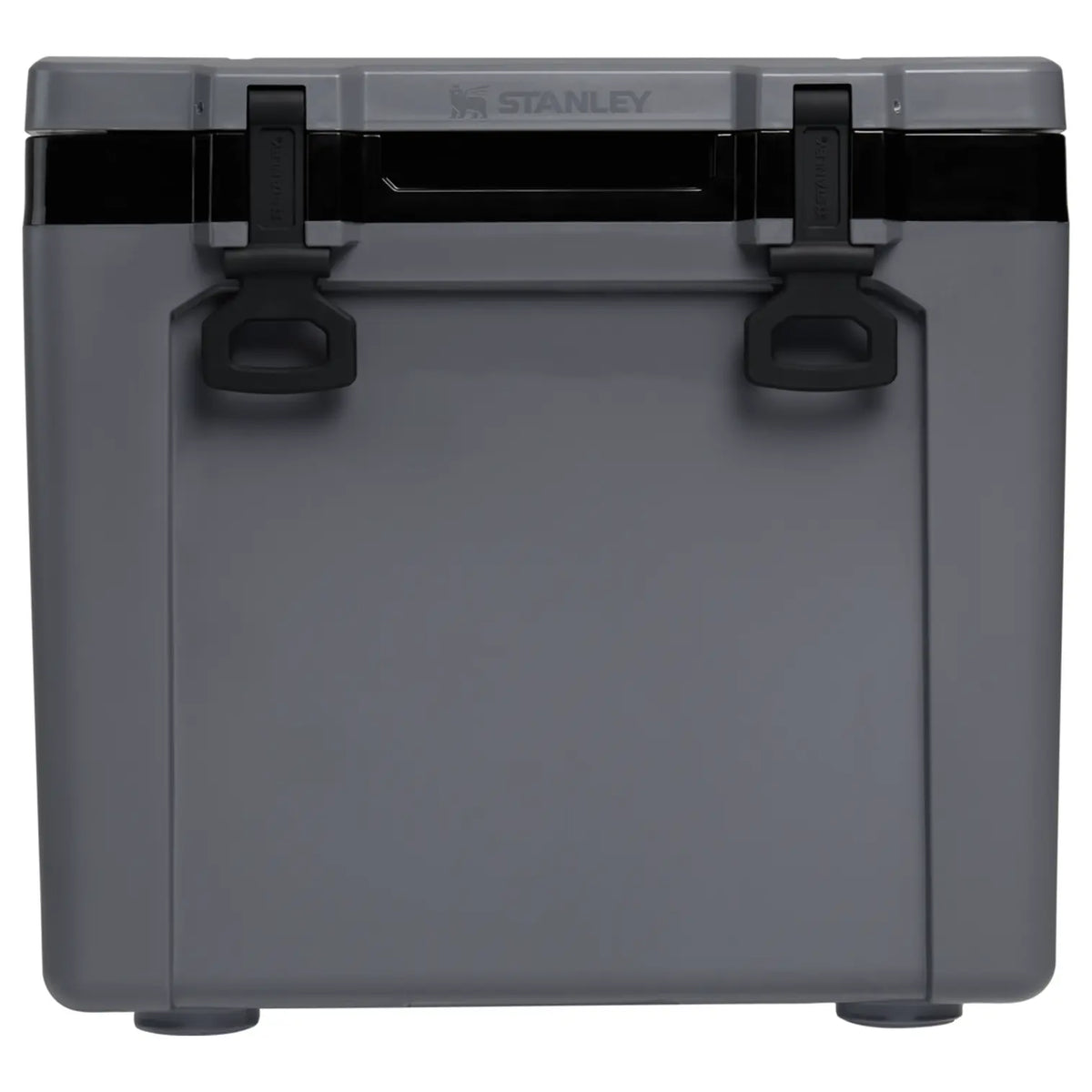 Stanley Cold For Days Wheeled Outdoor Cooler 50 QT in Black, front view with latches and Stanley logo