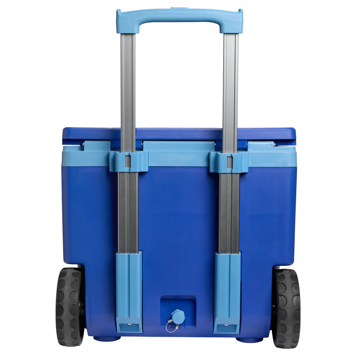 Stanley Cold For Days Wheeled Outdoor Cooler 50 QT in Cobalt, back view with extended handle and drain plug