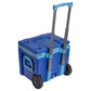 Stanley Cold For Days Wheeled Outdoor Cooler 50 QT in Cobalt, angled top view with extended handle and cup holders