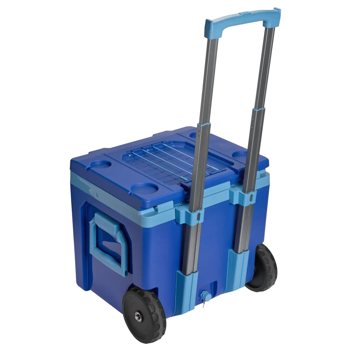 Stanley Cold For Days Wheeled Outdoor Cooler 50 QT in Cobalt, angled top view with extended handle and cup holders