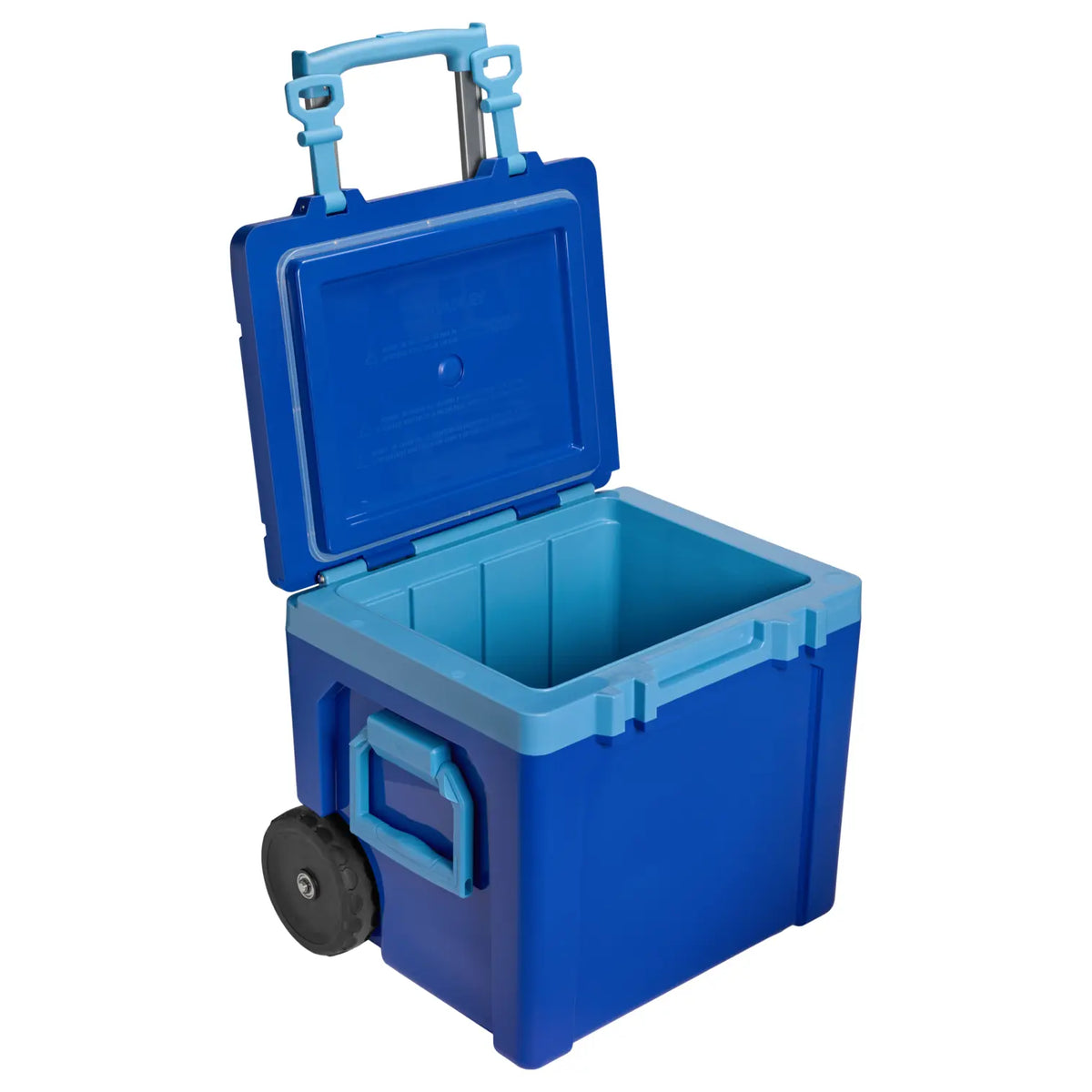 Stanley Cold For Days Wheeled Outdoor Cooler 50 QT in Cobalt, lid open showing the interior and extended handle