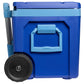 Stanley Cold For Days Wheeled Outdoor Cooler 50 QT in Cobalt, side view showing the carry handle and rear wheel