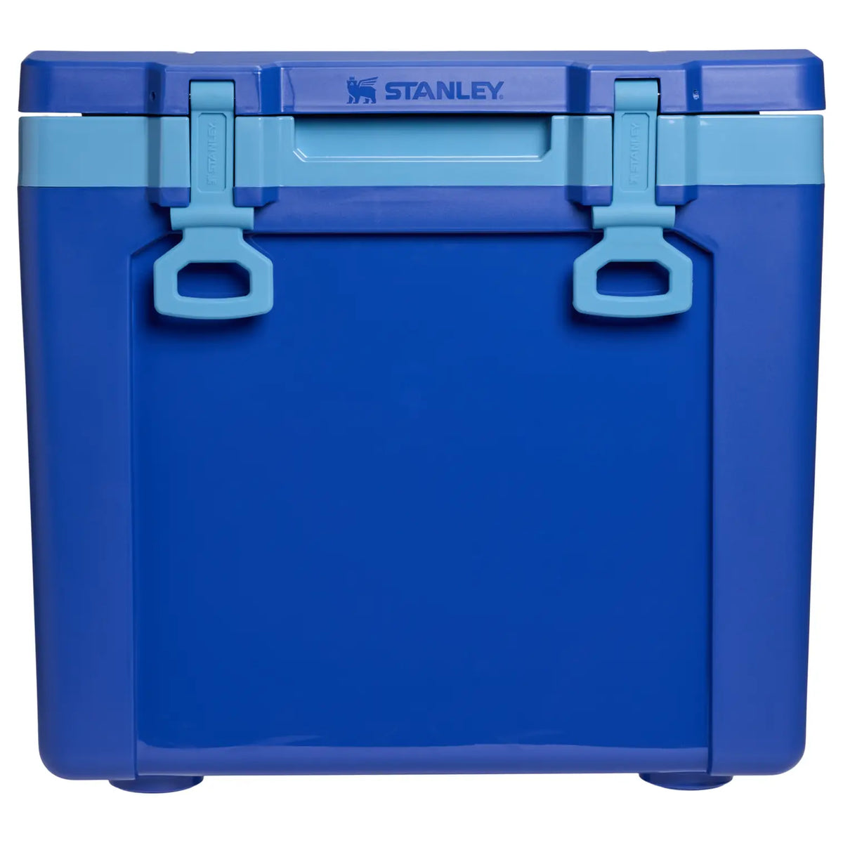Stanley Cold For Days Wheeled Outdoor Cooler 50 QT in Cobalt, front view with latches and Stanley logo