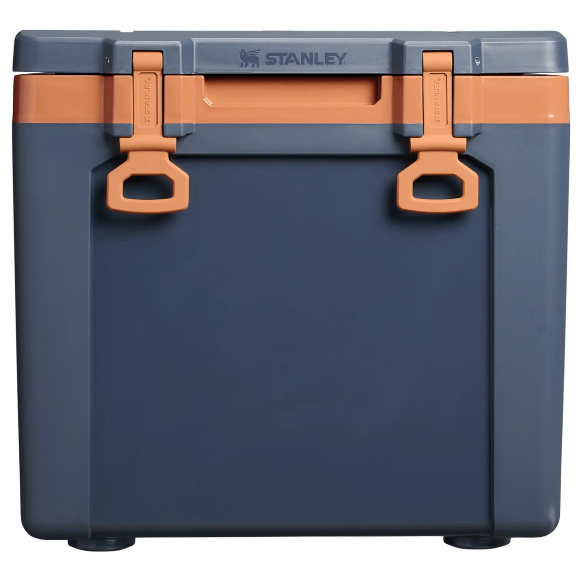 Stanley Cold For Days Wheeled Outdoor Cooler 50 QT in Twilight, front view with latches and Stanley logo