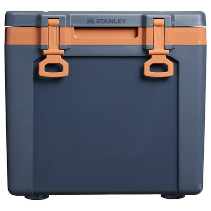 Stanley Cold For Days Wheeled Outdoor Cooler 50 QT in Twilight, front view with latches and Stanley logo