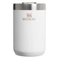 Stanley Every Day Camp Mug 12oz in Hammertone Frost front hero on white background showing white hammertone textured body with rose gold Stanley winged bear logo, brushed stainless steel collar, and closed stainless steel lid
