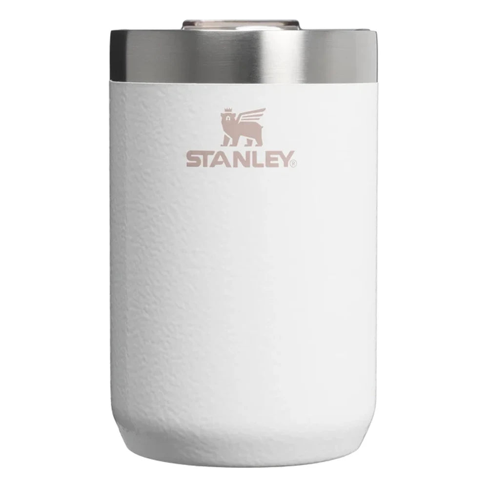 Stanley Every Day Camp Mug 12oz in Hammertone Frost front hero on white background showing white hammertone textured body with rose gold Stanley winged bear logo, brushed stainless steel collar, and closed stainless steel lid