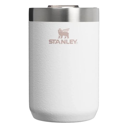 Stanley Every Day Camp Mug 12oz in Hammertone Frost front hero on white background showing white hammertone textured body with rose gold Stanley winged bear logo, brushed stainless steel collar, and closed stainless steel lid