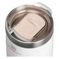 Stanley Every Day Camp Mug 12oz in Hammertone Frost top-angle three-quarter view on white background showing the brushed stainless steel lid with blush rose gold flip-tab sip cover closed, stainless steel collar, and white hammertone textured body
