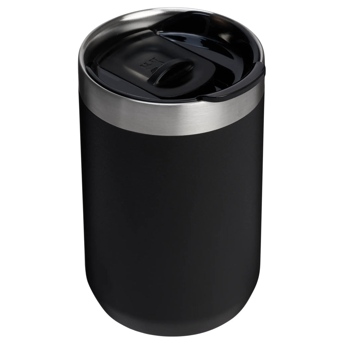 Angled view of the Stanley Everyday Camp Cup 12 oz in black with its slide lid closed