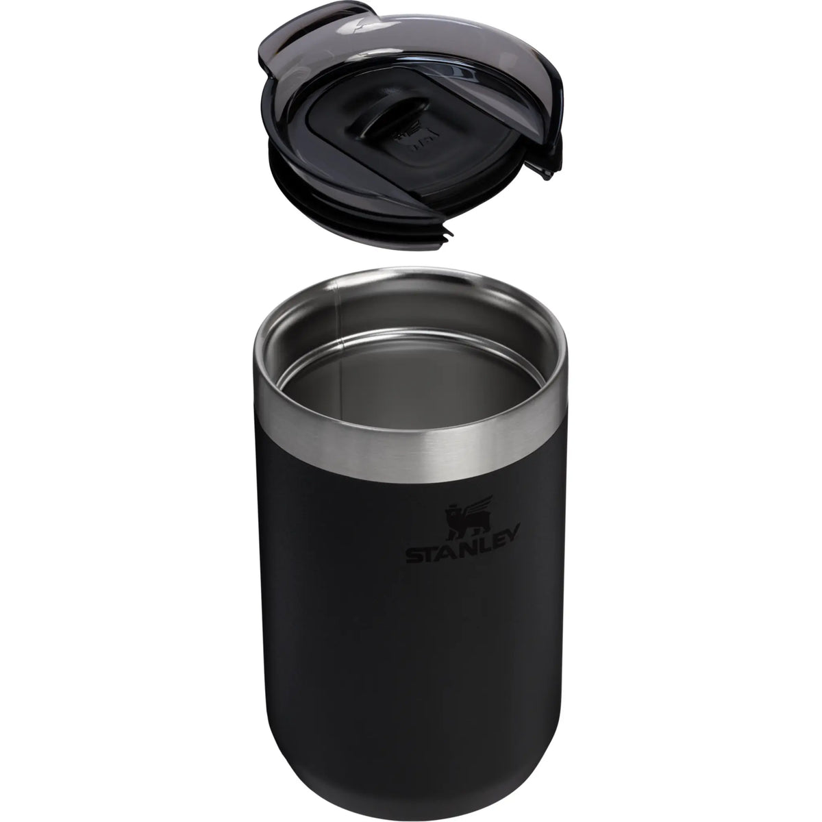 Stanley Everyday Camp Cup 12 oz with lid removed, showing the stainless steel interior