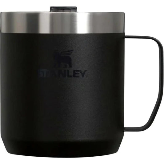 Stanley Everyday Camp Mug 12 oz in matte black with stainless steel rim and flip lid