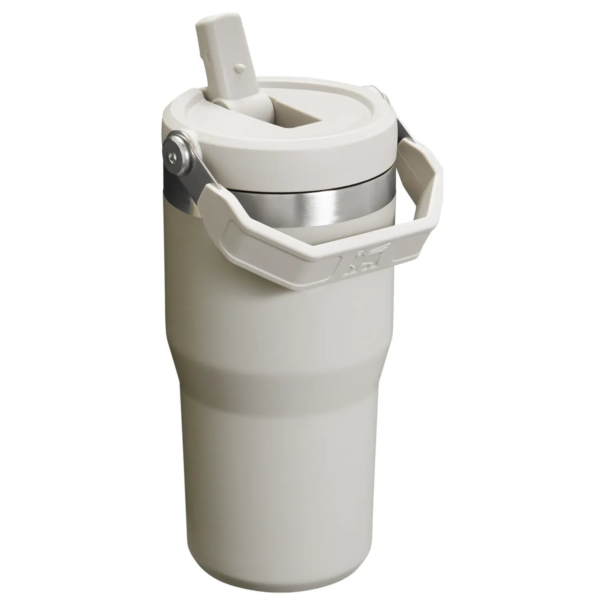 Stanley IceFlow Flip Straw 2.0 Tumbler 20 OZ in Ash, angled back view with the flip straw raised and handle down
