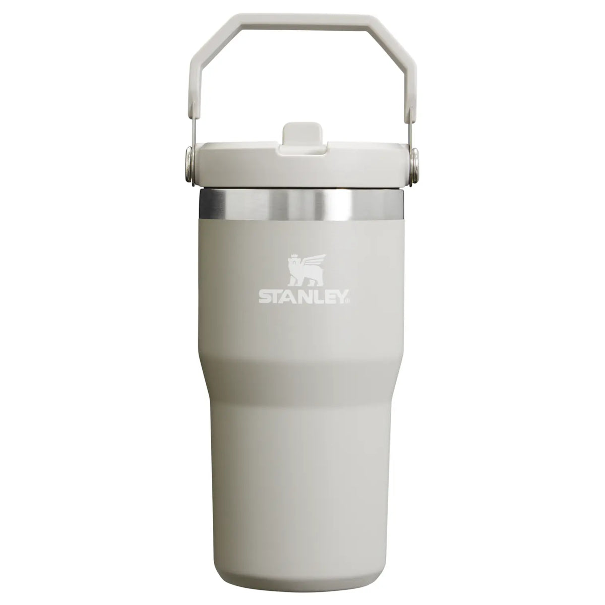 Stanley IceFlow Flip Straw 2.0 Tumbler 20 OZ in Ash, front view with the flip handle up and Stanley logo