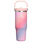 Stanley IceFlow Flip Straw 2.0 Tumbler 30 OZ in Sunset Spiral, front view with the flip handle up and Stanley logo